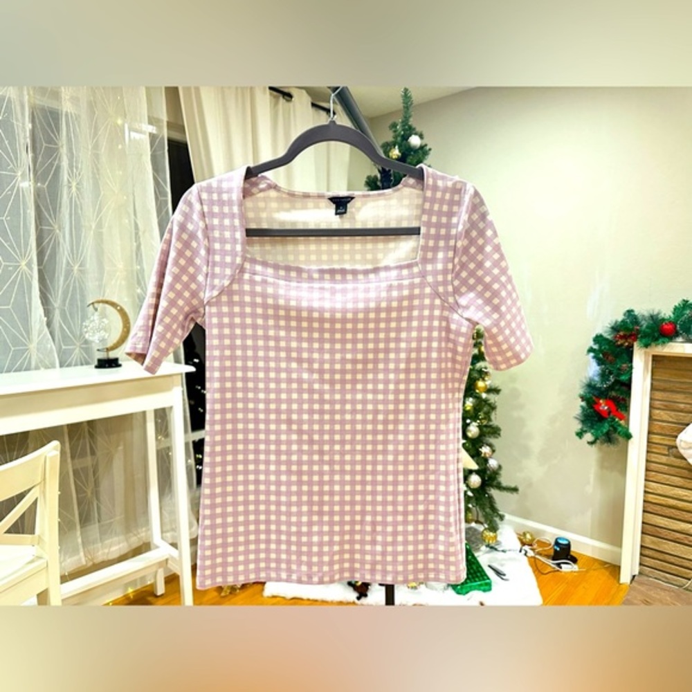 Ann Taylor Pastel Checkered Charm: Lavender Gingham Square Neck Top